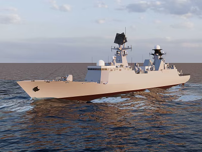 Warship Sailing On Open Ocean With White Hull Radar Antennas Under Daytime Sky Few Clouds 3d model
