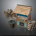 Traditional Street Food Stall With Thatched Roof Wooden Cart Barrels And Display Counter