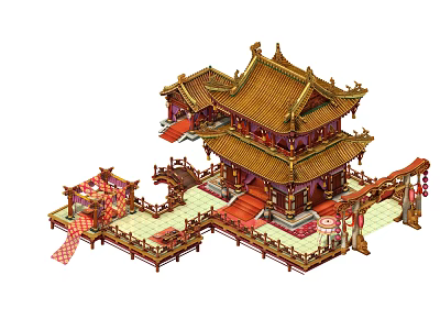 Cartoon Chinese Traditional Building Scene With Golden Roof And Red Decorations 3d model
