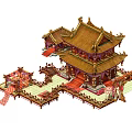 Cartoon Chinese Traditional Building Scene With Golden Roof And Red Decorations