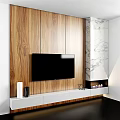 Wooden Panel TV Wall With Marble Accent And White Console Decorative Accessories