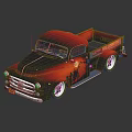 Classic Red And Black Pickup Truck With Flame Graphics On Dark Background