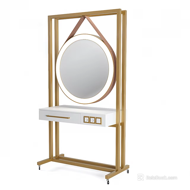 Modern Functional Desk With Gold Frame Round Mirror And White Drawer 3d model 
