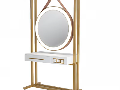 Modern Functional Desk With Gold Frame Round Mirror And White Drawer 3d model