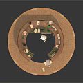 Circular Wooden Reception Desk With Green Desk Lamp Documents And Wooden Chair On Wooden Floor