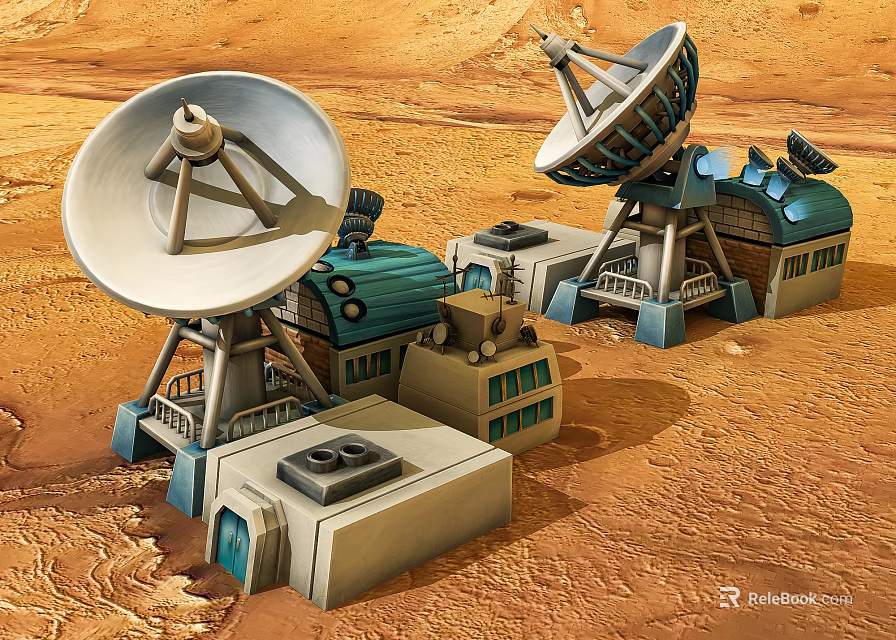 Military Weapon System Featuring Satellite Dishes And Buildings On Sandy Terrain 3d model 
