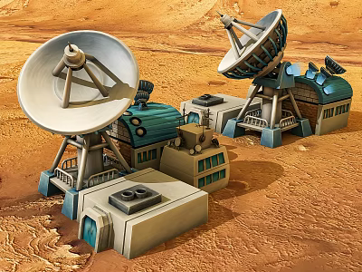 Military Weapon System Featuring Satellite Dishes And Buildings On Sandy Terrain 3d model