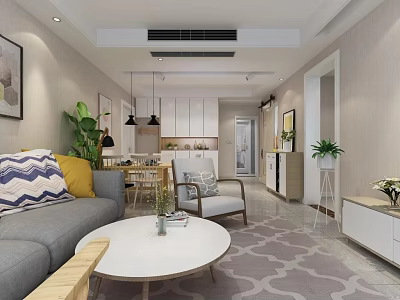 Modern Living Room Interior Design With Gray Sofa Round Coffee Table And Green Plants 3d model