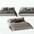 Modern Double Bed With Striped Bed Linens And Decorative Pillows In Gray Beige Tones