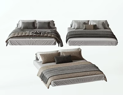 Modern Double Bed With Striped Bed Linens And Decorative Pillows In Gray Beige Tones 3d model