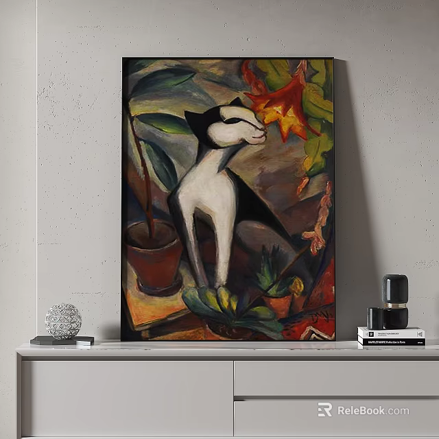 Abstract Painting With Black And White Cat Flower Pot Plants Leaves And Flowers On Wall 3d model 