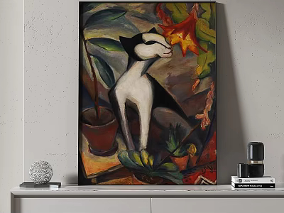 Abstract Painting With Black And White Cat Flower Pot Plants Leaves And Flowers On Wall 3d model