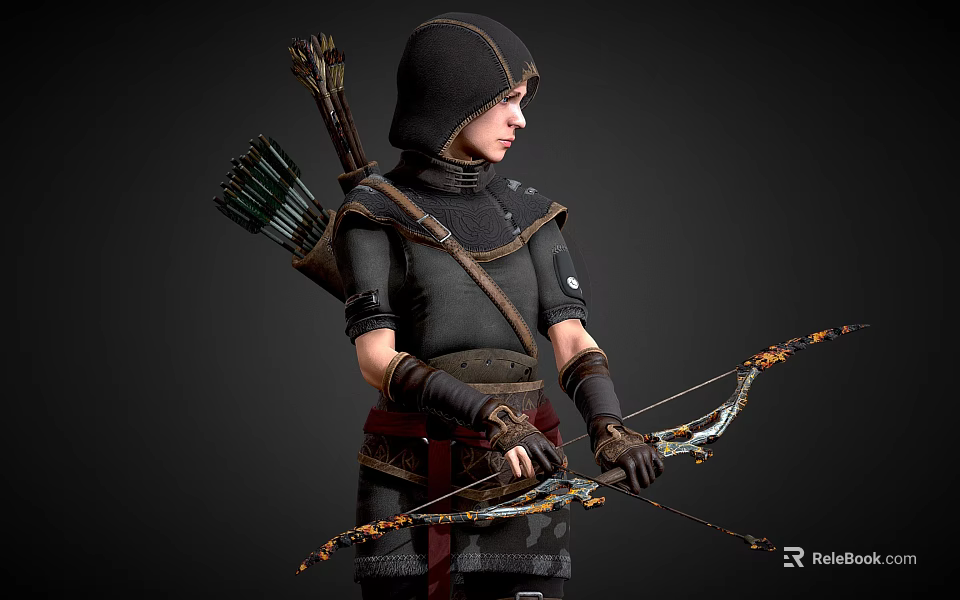 Elven Archer Character With Bow And Arrowquiver In Dark Outfit 3d model 