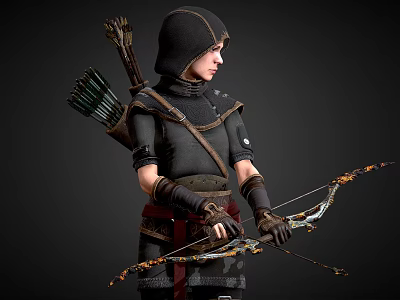 Elven Archer Character With Bow And Arrowquiver In Dark Outfit 3d model