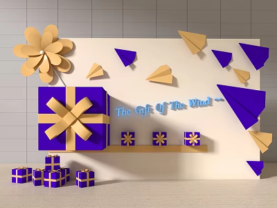Photo Spot With Blue Gold Gift Boxes Paper Planes Golden Flower And Gift Of Muse 3d model