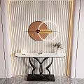 Console Table With Striped Backdrop Circular Art Gold Accents Black Base White Top Green Plant