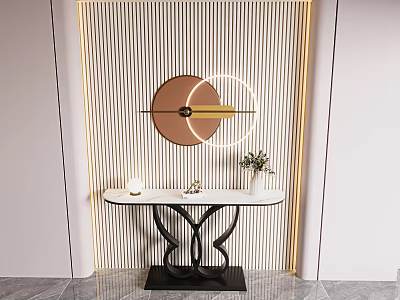 Console Table With Striped Backdrop Circular Art Gold Accents Black Base White Top Green Plant 3d model