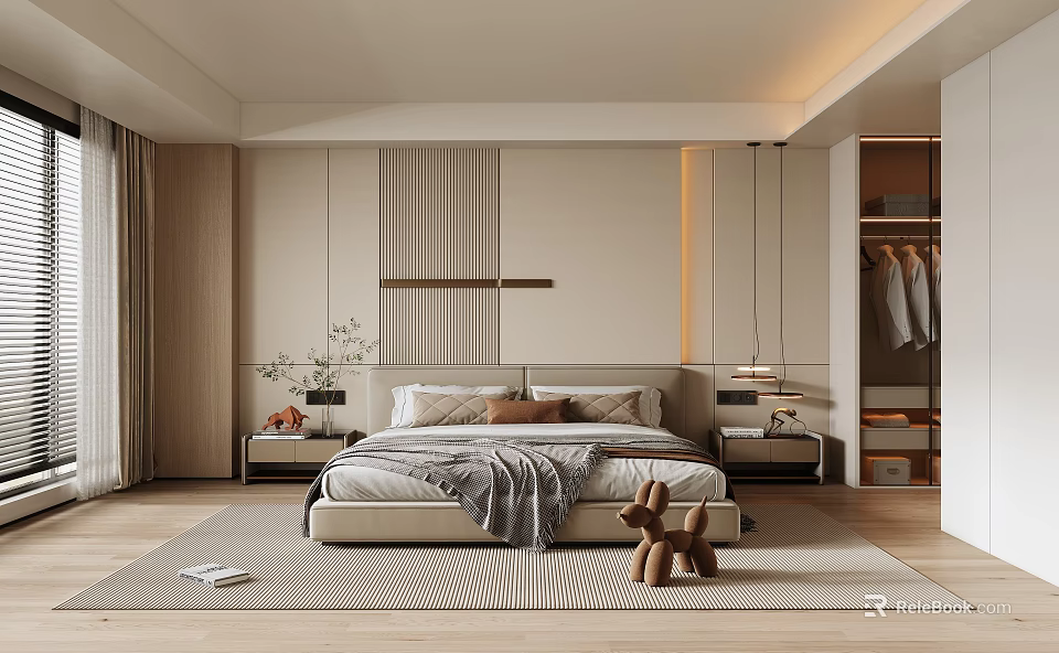 Modern Bedroom Interior Design With Beige Accent Wall Bed Nightstands Pendant Lights And Carpet 3d model 