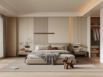 Modern Bedroom Interior Design With Beige Accent Wall Bed Nightstands Pendant Lights And Carpet 3d model