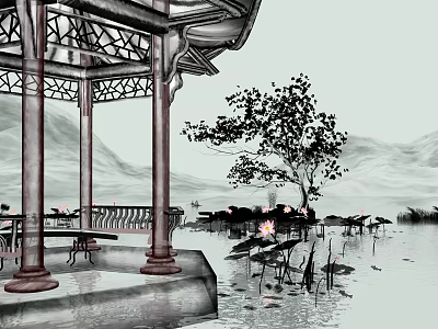 Ink style ink pavilion lotus 3d model