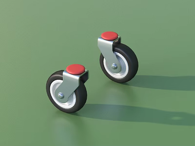 Two Caster Wheels With Red Top Silver Bracket And Black Tire On Green Background 3d model