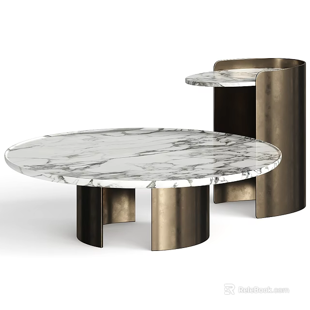 Elegant Modern Round Desk Featuring White Marble Top and Sleek Metallic Cylindrical Legs 3d model 