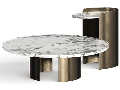 Elegant Modern Round Desk Featuring White Marble Top and Sleek Metallic Cylindrical Legs 3d model