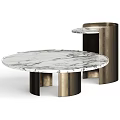 Elegant Modern Round Desk Featuring White Marble Top and Sleek Metallic Cylindrical Legs
