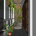 Villa Balcony With Lush Green Plants Wicker Pendant Light Wooden Ceiling And Outdoor Seating