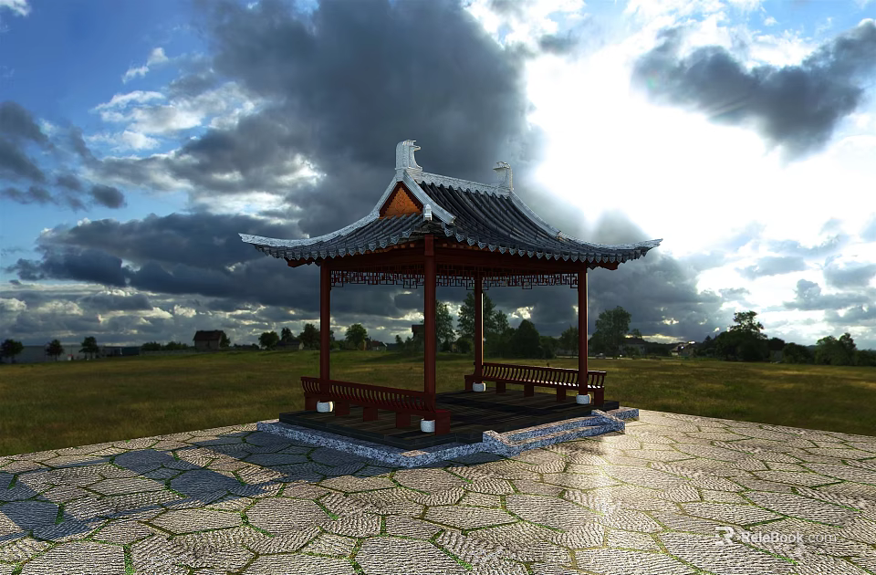 Traditional Chinese Pavilion in Open Grassland with Stone Pavement Under Dark Clouds and Sunlight 3d model 