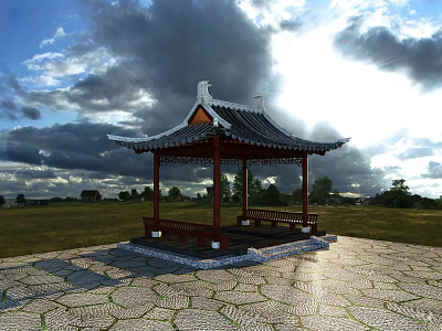 Traditional Chinese Pavilion in Open Grassland with Stone Pavement Under Dark Clouds and Sunlight 3d model