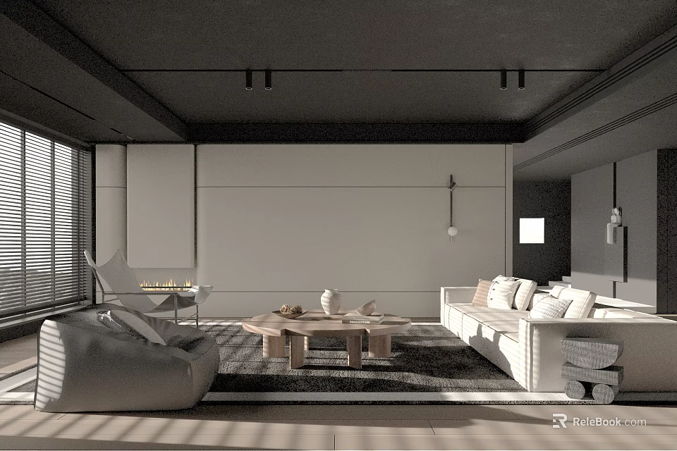 Minimalist Living Room With White Sofa Coffee Table Floor to Ceiling Windows And Gray Tones 3d model 