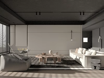 Minimalist Living Room With White Sofa Coffee Table Floor to Ceiling Windows And Gray Tones 3d model