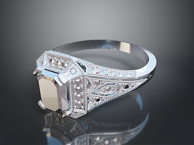 Elegant Vintage Inspired Statement Ring With Square Cut Gemstone And Diamond Accents On Silver Band 3d model