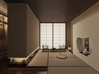 Modern Japanese Tea Room With Tatami Flooring Sliding Doors Wooden Ceiling And Low Table 3d model