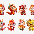 Cute Multiple Style Cartoon Dragon Figurines In Red Yellow With Flame Details