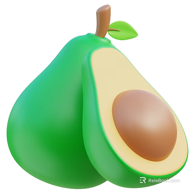 Whole and Halved Green Avocado with Brown Pit and Fresh Leaf 3d model 