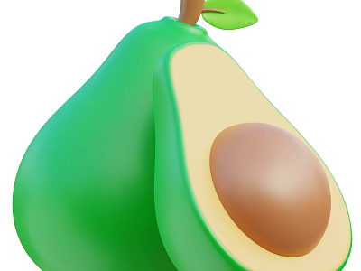Whole and Halved Green Avocado with Brown Pit and Fresh Leaf 3d model