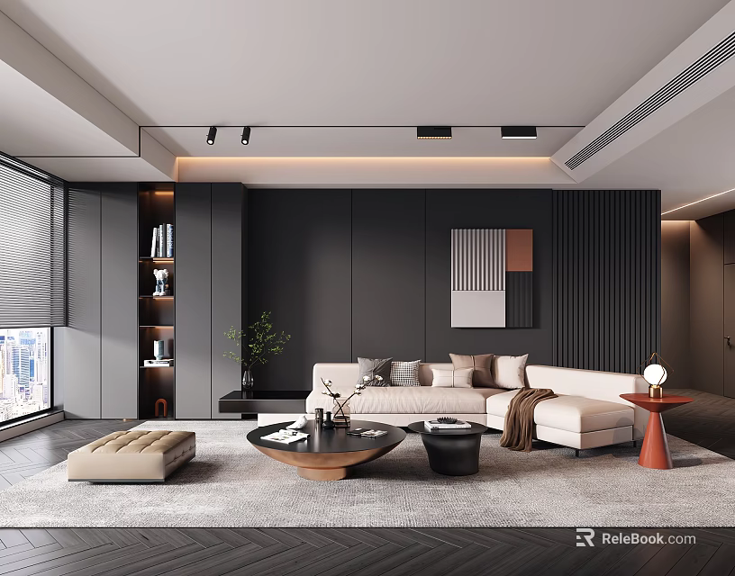 Modern Living Room Interior Design With Beige Sofa Round Coffee Table And Gray Walls 3d model 