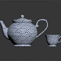 Traditional Teapot And Teacup With Blue White Wave Pattern Design