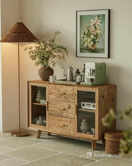 Wooden Sideboard with Glass Doors and Dinnerware Inside Potted Plant Floor Lamp and Wall Art 3d model 