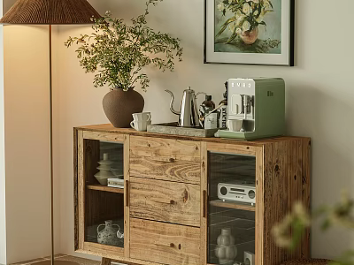Wooden Sideboard with Glass Doors and Dinnerware Inside Potted Plant Floor Lamp and Wall Art 3d model