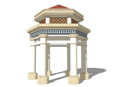Octagonal Garden Gazebo With Red Roof White Columns And Patterned Cornice Design 3d model