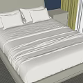 Light Colored Single Bed with White Sheets Two Pillows Nightstand Lamp and Striped Rug