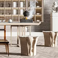 Elegant Tea Room Interior Design With Wooden Shelves Tea Sets Long Table And Stool Seats