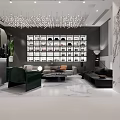 Modern Lounge With Crystal Chandelier Display Cabinets Sofas And Marble Flooring 3d model