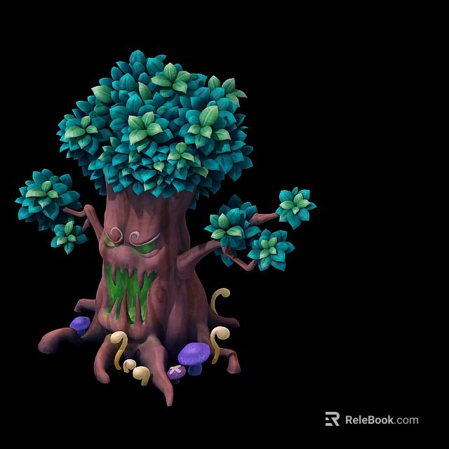 Enchanted Fantasy Tree with Green Leaves Face Curled Roots and Purple Yellow Mushrooms 3d model 