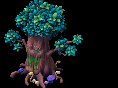 Enchanted Fantasy Tree with Green Leaves Face Curled Roots and Purple Yellow Mushrooms 3d model