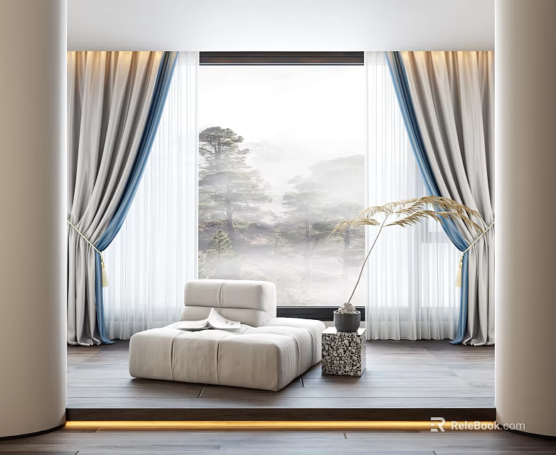 Light Gray Blue Curtains Modern Interior With Floor to Ceiling Window Pine Misty View 3d model 