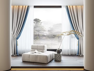 Light Gray Blue Curtains Modern Interior With Floor to Ceiling Window Pine Misty View 3d model